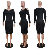 Black Button Cut Out Long Sleeve Fitted Midi Dress