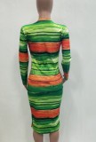 Print Green Long Sleeves O-Neck Long Bodycon Dress