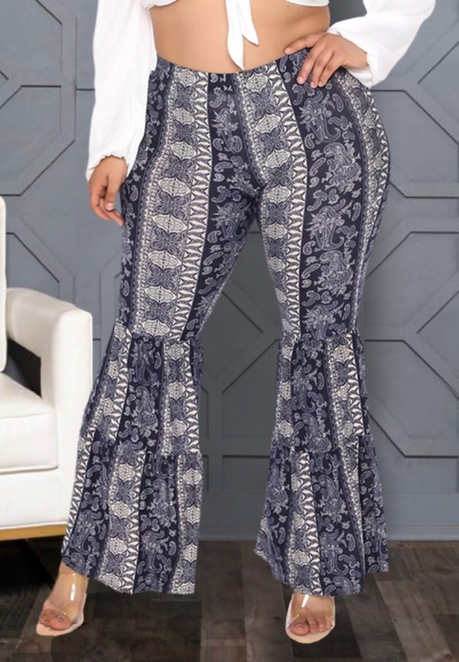 Plus Size Retro Boho Printed High Waist Bell Bottom Pants