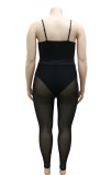 Plus Size Black Beaded Cami Top and See Through Mesh Pants Two Piece Set