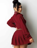 Red Knotted Long Sleeve Blouse and Pleated Mini Skirt Two Piece Set