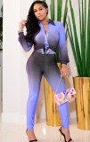 Gradient Purple Long Sleeve Button Up Blouse and High Waist Slim Fit Pants Two Piece Set