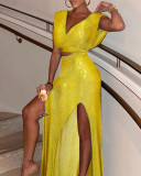 Yellow Sequin V-Neck Short Sleeve Crop Top and Slit Skirt Two Piece Set