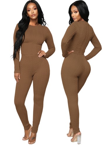 Brown Long Sleeve O-Neck Sheath Top and Pant Two Piece Set