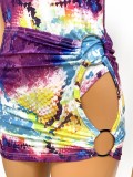 Colorful Snake Skin Print O-Ring One Shoulder Keyhole Mini Dress