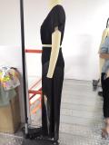Black V-Neck Short Sleeve Crop Top and Slit Skirt Two Piece Set