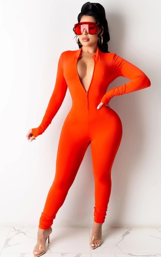 Orange Long Sleeve Zipper Up Bodycon Jumpsuit