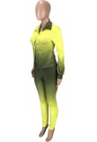 Gradient Yellow Long Sleeve Button Up Blouse and High Waist Slim Fit Pants Two Piece Set