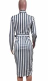 Floral Black Stripes Long Sleeve Button Up Midi Blouse Dress with Belt