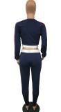 Color Block Long Sleeves O-Neck Tight Crop Top and Pants Two Piece Set