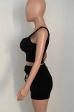 Black Tank Crop Top and Drawstring Shorts Two Piece Set