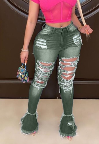Army Green Ripped Distressed Flare Jeans