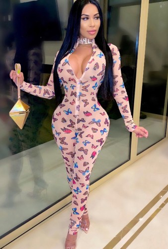 Print Butterfly Zipper Up Long Sleeves Bodycon Jumpsuit
