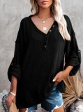 Black V-Neck Drop Shoulder Loose Knit Top