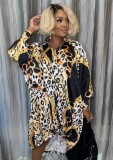 Leopard Button Up Turndown Collar Long Sleeve Loose Blouse Dress