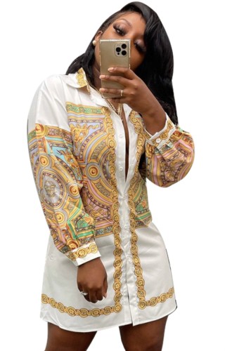 Ethnic Print Long Sleeve Button Open Blouse Dress
