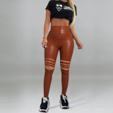 Black Ripped PU Leather Zipper Front Tight Pants