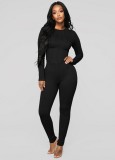 Black Long Sleeve O-Neck Sheath Top and Pant Two Piece Set