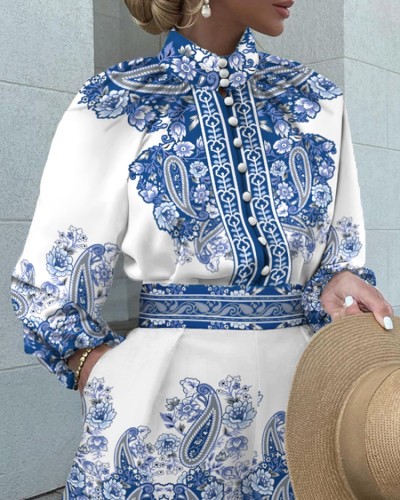 Blue Printed Buttoned Up Stand Collar Long Sleeve Top and Shorts Two Piece Set