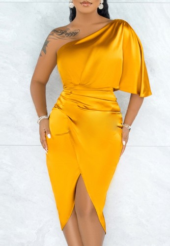 Yellow Satin One Shoulder Short Sleeve Slit Midi Dress