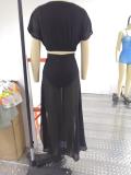Black V-Neck Short Sleeve Crop Top and Slit Skirt Two Piece Set