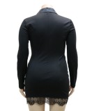 Plus Size Black Lace Patch Turndown Collar Long Sleeves Fitted Dress