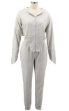 White Zipper Open Long Sleeve Irregular Hoody Top and Pant Two Piece Set