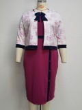 Plus Size Rose O-Neck Office Dress and Floral Coat Two Piece Set