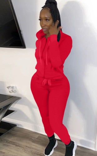 Red Zipper Up Hoody Top and Pants Two Piece Set