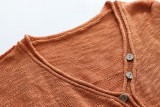 Brown V-Neck Drop Shoulder Loose Knit Top