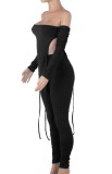 Black Off Shouder Long Sleeve Irregular Top and Ruched Pants Two Piece Set