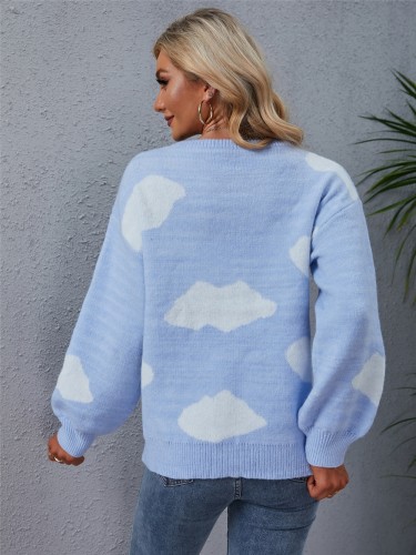 White Cloud Long Sleeve O-Neck Drop Shoulder Blue Sweater