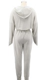 White Zipper Open Long Sleeve Irregular Hoody Top and Pant Two Piece Set