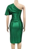 Green Silk Ruched One Shoulder Irregular Midi Dress