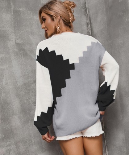 Color Block O-Neck Pullover Drop Shoulder Loose Sweater