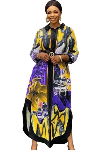 African Print Side Slit Button Up Long Sleeves Blouse Dress