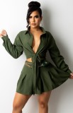 Green Knotted Long Sleeve Blouse and Pleated Mini Skirt Two Piece Set