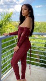 Red Off Shouder Long Sleeve Irregular Top and Ruched Pants Two Piece Set