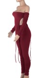 Red Off Shouder Long Sleeve Irregular Top and Ruched Pants Two Piece Set