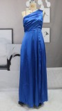 Blue One Shoulder Slit Silk Elegant Evening Dress