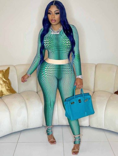 Green Snake Skin Printed Long Sleeve Top and Tight Pants Two Piece Set