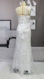 Floral Lace White One Shoulder Slit Long Wedding Dress