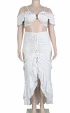 Plus Size White Off Shoulder O-Ring Irregular Frill Ruched Long Dress