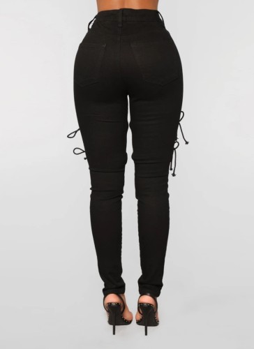 Black Denim Hollow Out Lace-Up High Waist Bodycon Jeans