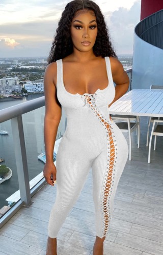 Grey Ribbed Lace Up Sleeveless Slinky Vest Jumpsuit