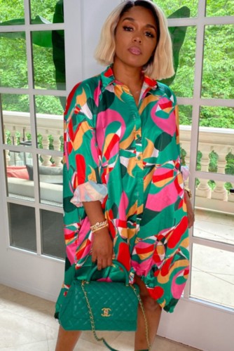 Printed Green Button Up Turndown Collar Long Sleeve Loose Blouse Dress