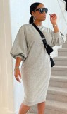 Grey Bubble Sleeve Drop Shoulder O-Neck Long Dress