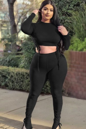 Black Scrunch Strings Crop Top and Pants Two Piece Set