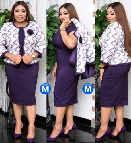Plus Size Purple Short Sleeve O-Neck Office Dress and Pearl Coat Two Piece Set