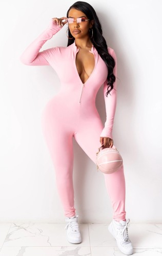 Pink Long Sleeve Zipper Up Bodycon Jumpsuit